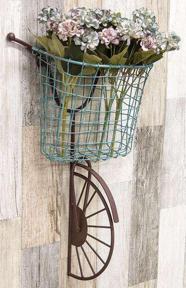 Rusty Wall Bike with Blue Wire Basket - The Fox Decor
